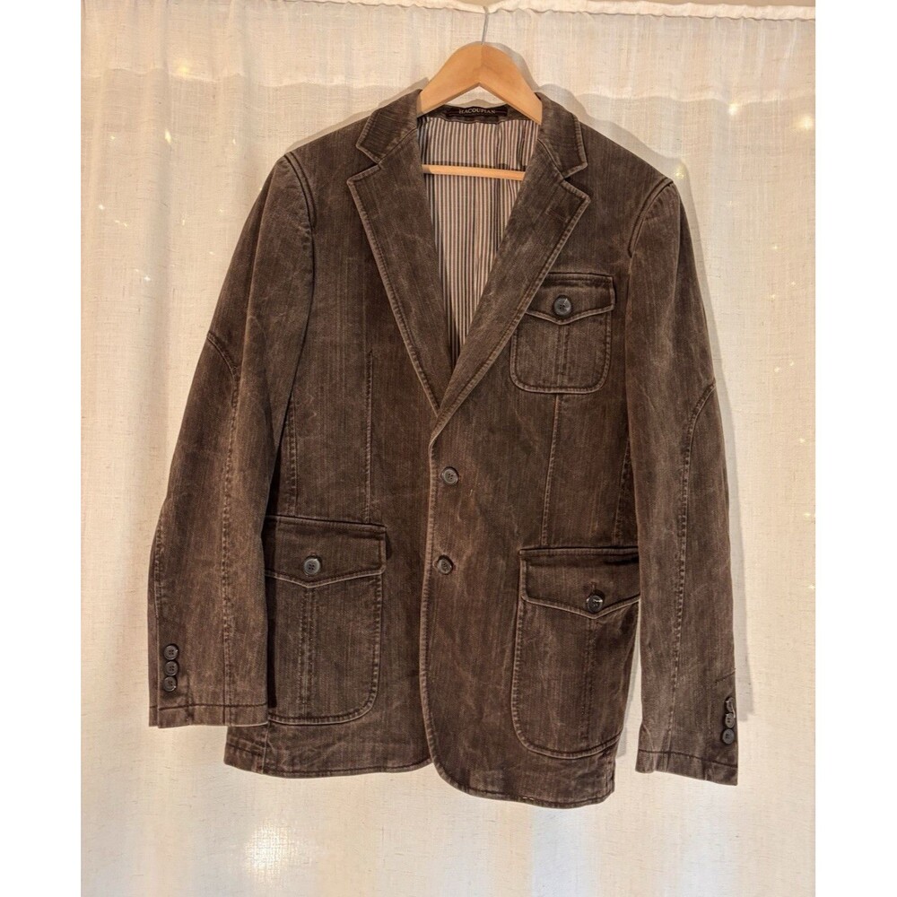 Hacoupian Brown Denim Cotton Blazer 3-Button Inner Pockets, Size EU 50, US 40
